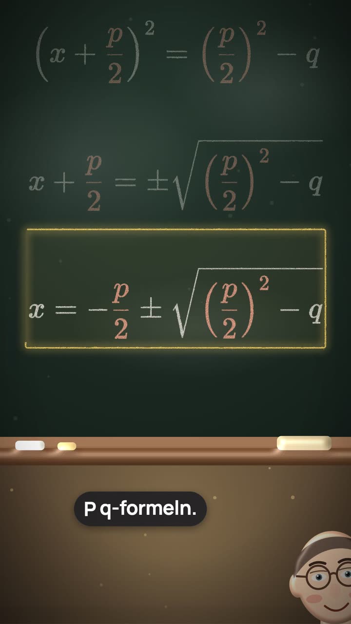 A chalkboard with the boxed pq-formula, from a Solvestory video